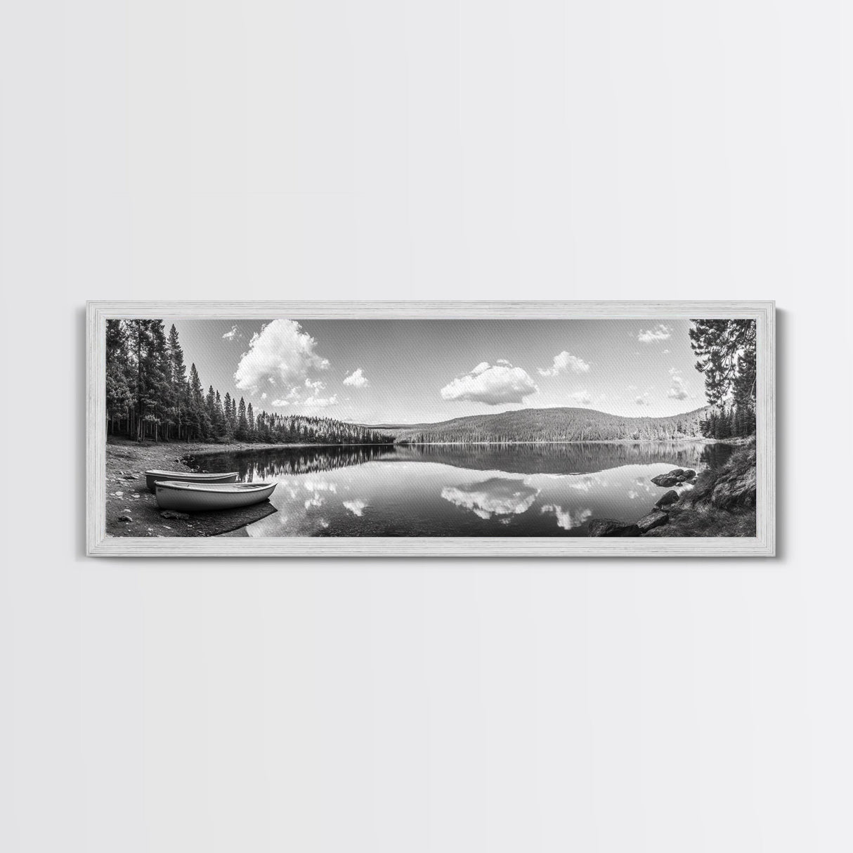 Canoe Lake, Still Water, Pine Forest, Outdoor Serenity, Canvas Print, Nature Wall Art, Rustic Cabin Decor, Peaceful Landscape, Neutral Tones