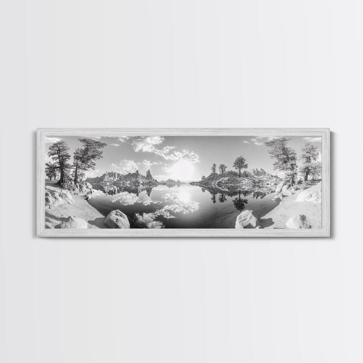Mountain Reflections, Nature Panorama, Black and White Landscape, Framed Canvas Print, Living Room Wall Art, Modern Wilderness Decor