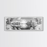 Mountain Reflections, Nature Panorama, Black and White Landscape, Framed Canvas Print, Living Room Wall Art, Modern Wilderness Decor