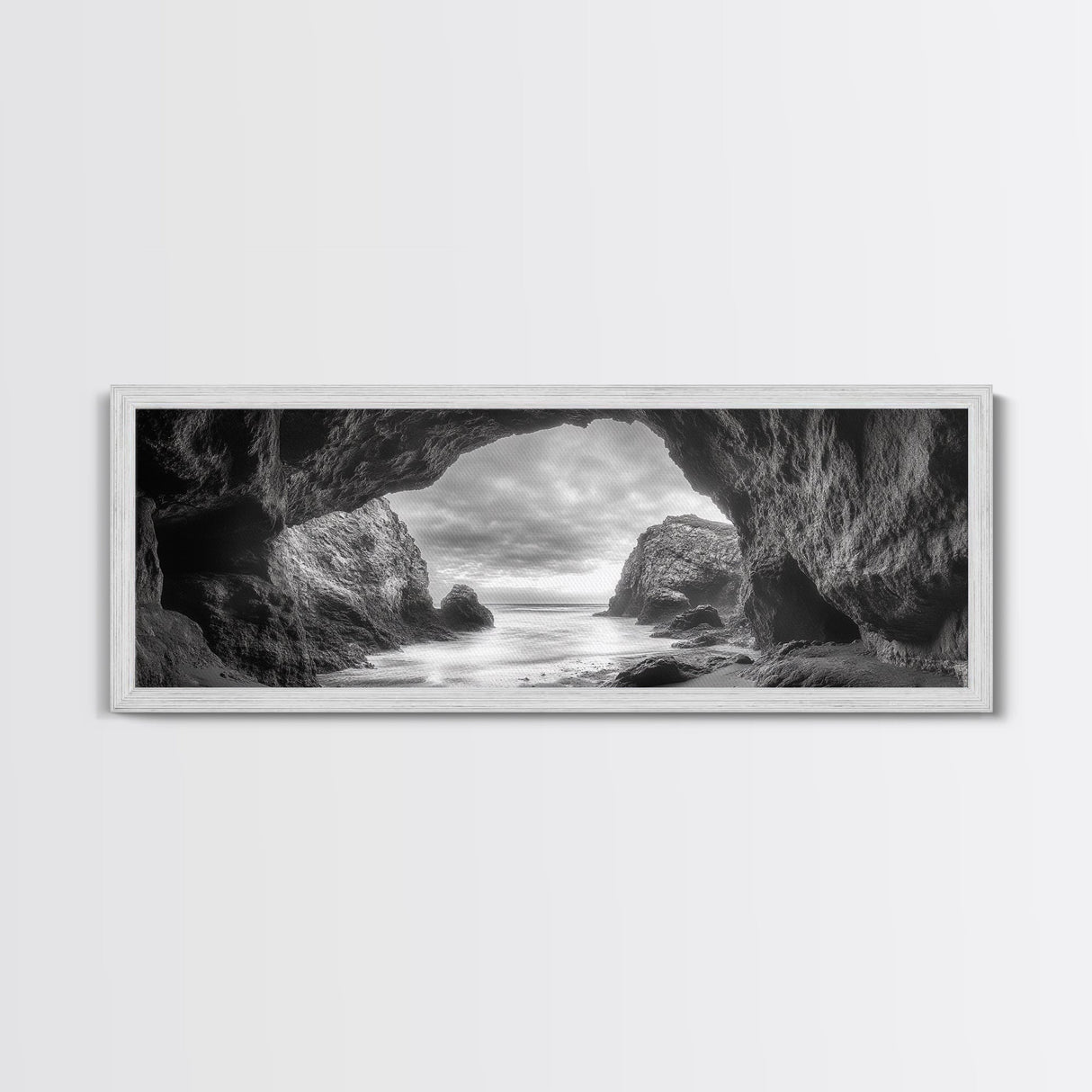 Sea Cave View, Coastal Rock Art, Monochrome Seascape, Framed Canvas Print, Bathroom Wall Art, Nature Photography, Moody Ocean Decor