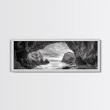 Sea Cave View, Coastal Rock Art, Monochrome Seascape, Framed Canvas Print, Bathroom Wall Art, Nature Photography, Moody Ocean Decor