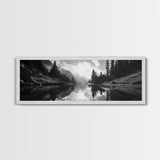 Alpine Lake Scene, Black and White Forest, Serene Mountain Print, Framed Canvas Print, Rustic Wall Art, Cabin Living Room Decor