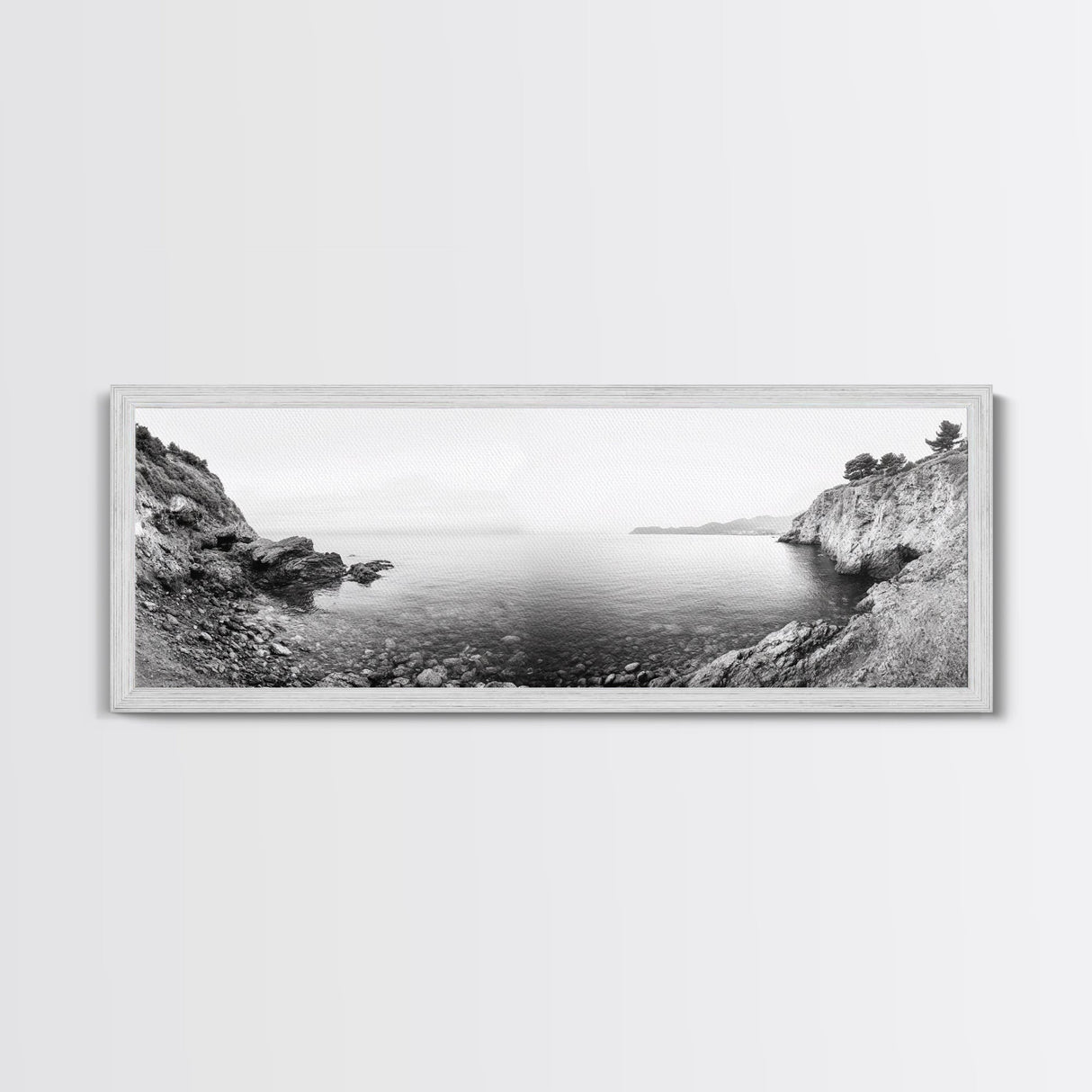 Rocky Coastline, Minimalist Seascape, Black and White Shoreline, Framed Canvas Print, Coastal Wall Art, Bathroom or Hallway Decor