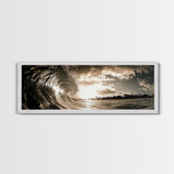 Ocean Wave Curl, Coastal Sunset, Seaside Wall Art, Framed Canvas Print, Surfer Vibes, Modern Beach Decor, Living Room Statement Piece