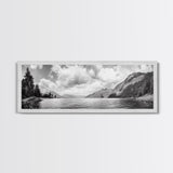 Mountain Lake, Forest Panorama, Serene Wilderness, Framed Canvas Print, Nature Lover Wall Art, Rustic Lodge Decor, Neutral Palette