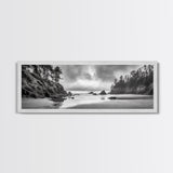 Misty Coastline, Dramatic Shore, Moody Ocean Scene, Framed Canvas Print, Coastal Living Room Art, Black and White Nature Decor