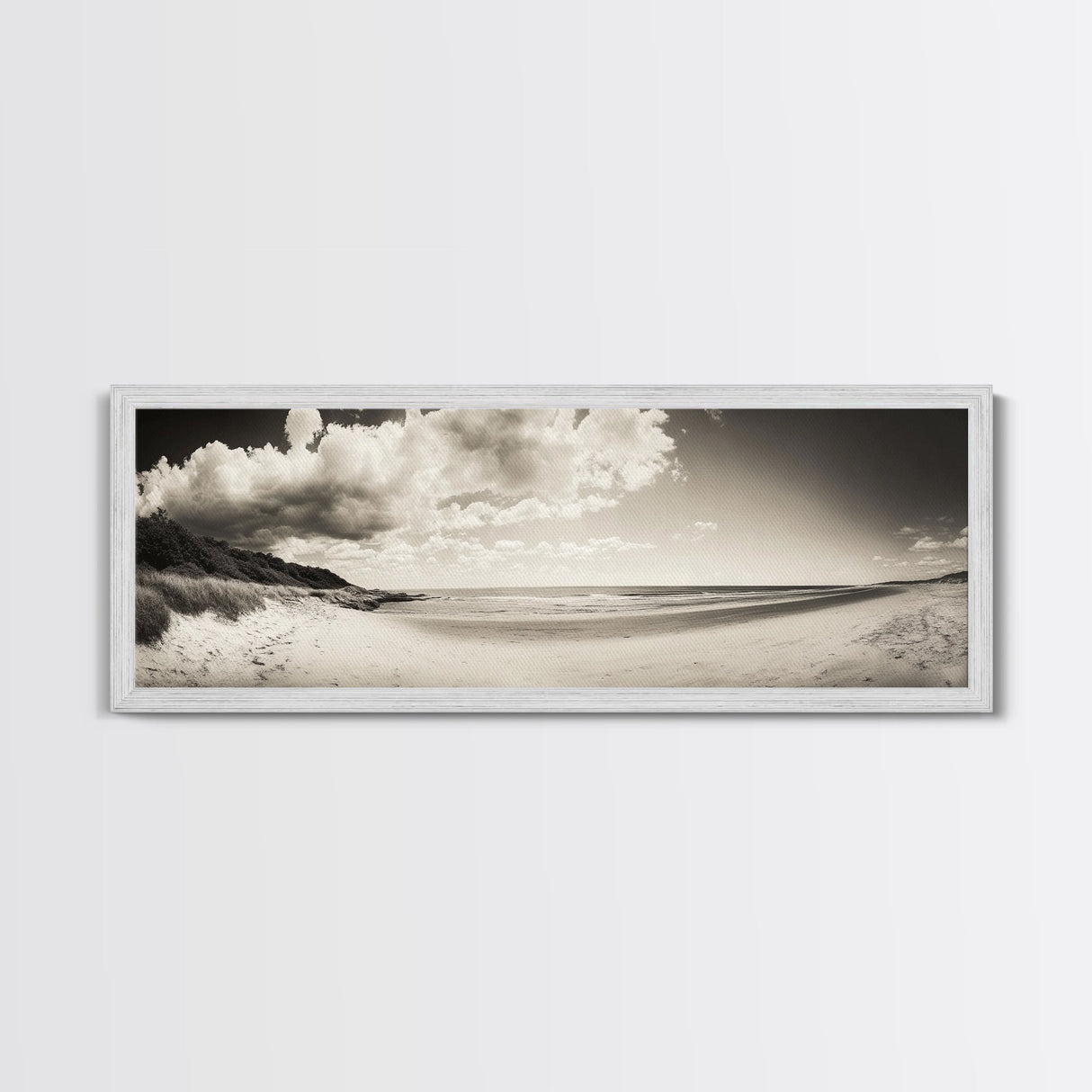 Cloudy Beach, Sandy Shoreline, Coastal Serenity, Framed Canvas Print, Neutral Tones Wall Art, Minimalist Bathroom or Hallway Decor