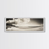 Cloudy Beach, Sandy Shoreline, Coastal Serenity, Framed Canvas Print, Neutral Tones Wall Art, Minimalist Bathroom or Hallway Decor