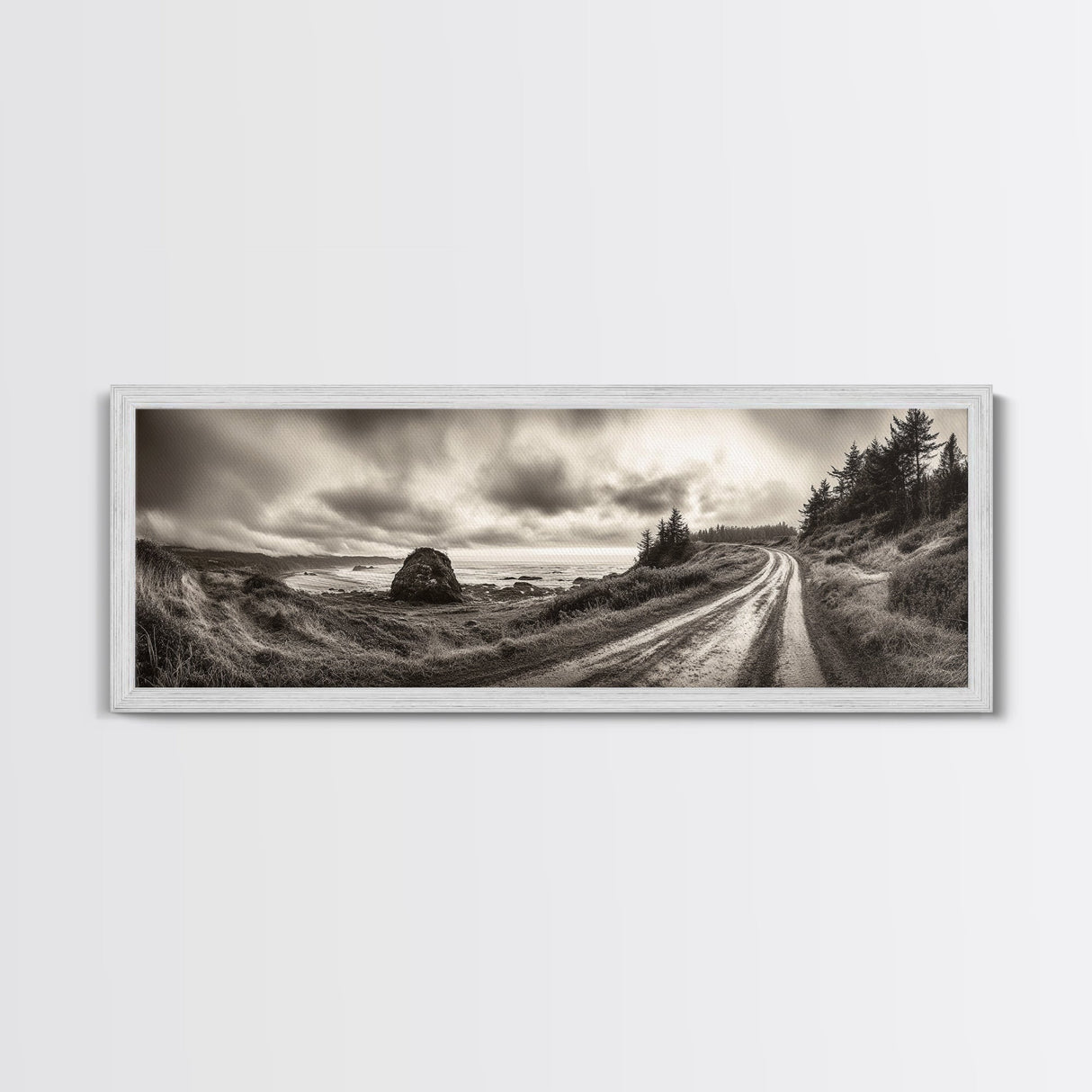 Coastal Road Journey, Overcast Ocean View, Scenic Drive Art, Framed Canvas Print, Fall Landscape Wall Art, Nature Lover, Living Room Decor