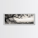 Tree By The Sea, Ocean Cliff, Black And White Nature, Framed Canvas Print, Coastal Wall Decor, Minimalist Art, Tranquil Bedroom Print