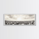 Pebble Shoreline, Soft Horizon, Beach Sunrise, Calm Coastal Decor, Framed Canvas Print, Neutral Tones, Bedroom Wall Art, Nature Minimalism