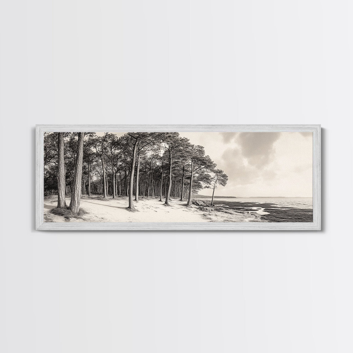 Pine Forest Coast, Tranquil Wilderness, Shoreline Trees, Earthy Coastal Scene, Framed Canvas Print, Rustic Wall Art, Autumn Cabin Decor
