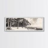 Pine Forest Coast, Tranquil Wilderness, Shoreline Trees, Earthy Coastal Scene, Framed Canvas Print, Rustic Wall Art, Autumn Cabin Decor