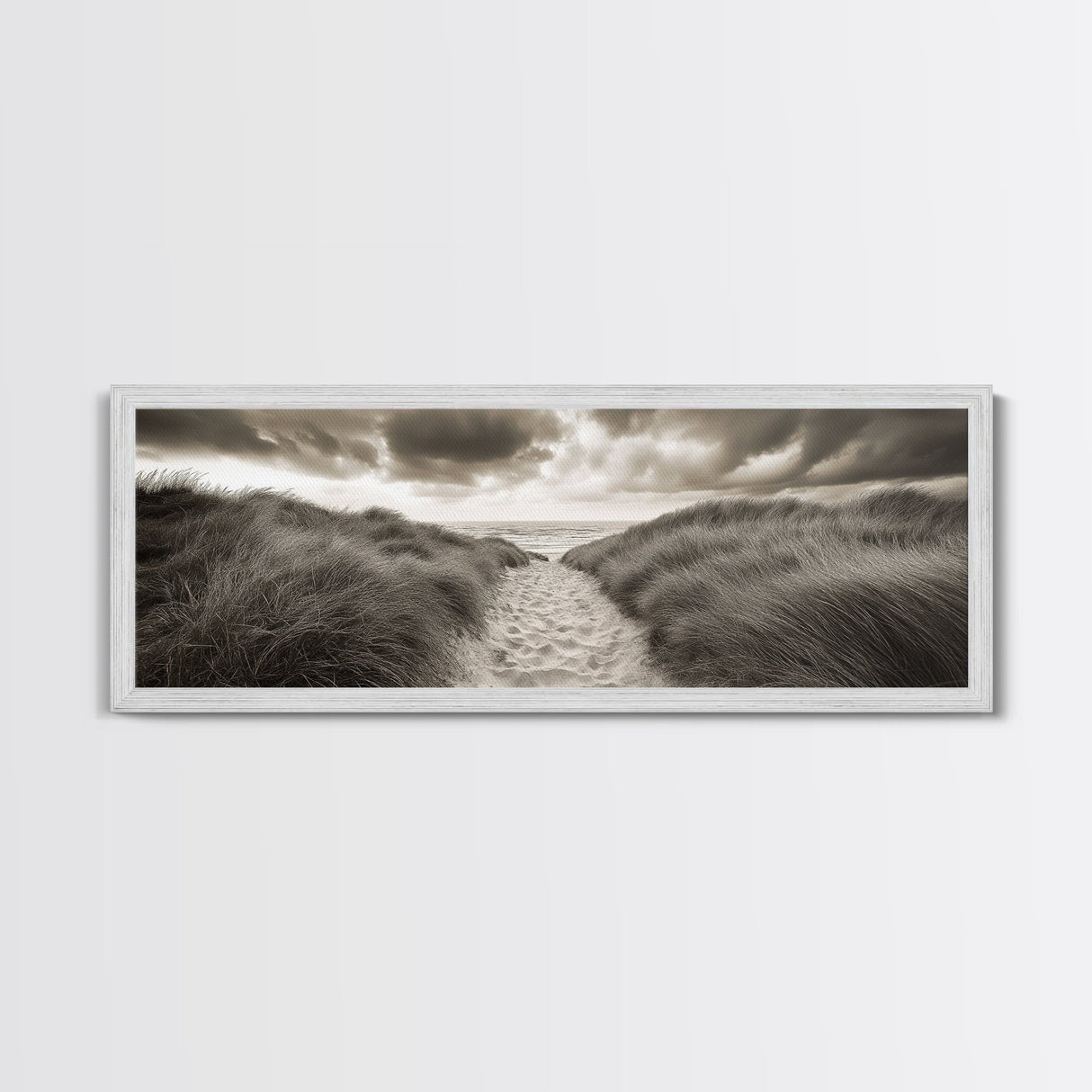 Sandy Dune Path, Grassy Trail, Seaside Journey, Beach Nature Scene, Framed Canvas Print, Minimalist Wall Art, Autumn Coastal Decor