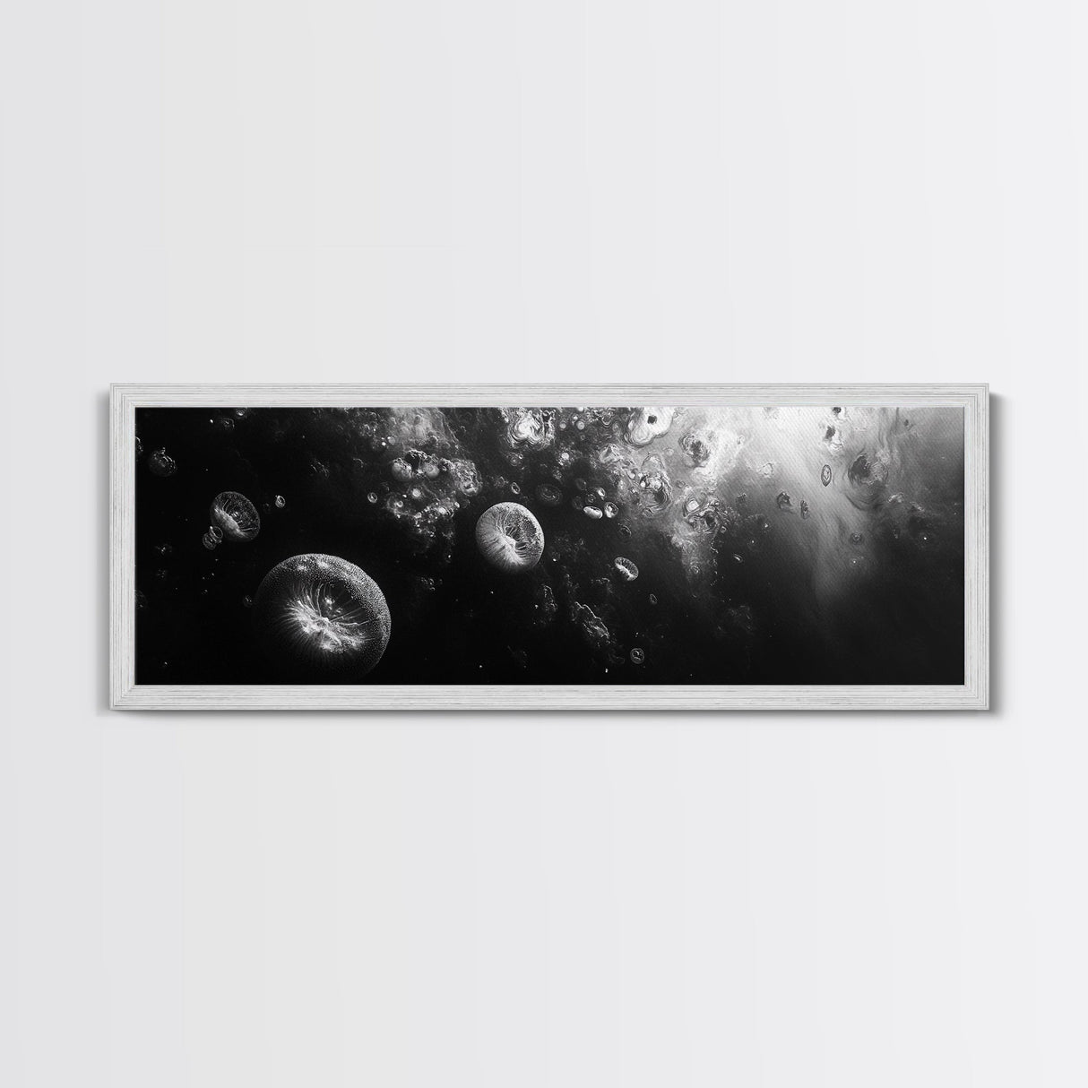 Jellyfish Dreams, Ocean Depths, Abstract Motion, Canvas Print, Coastal Bathroom Art, Nautical Theme, Moody Black and White Sea Life