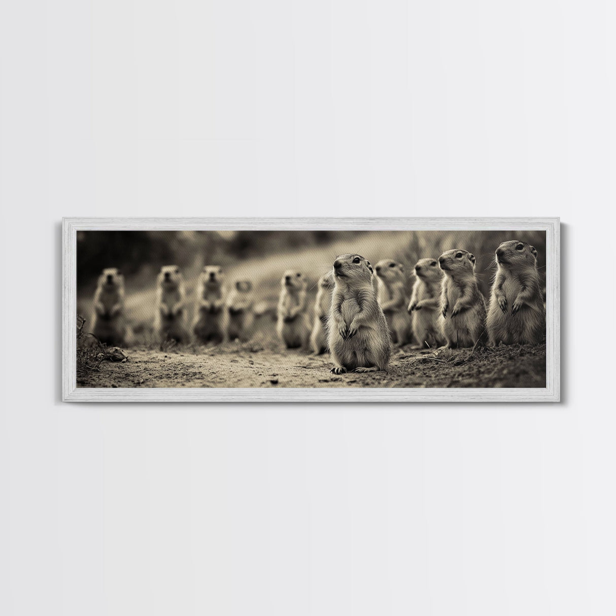 Prairie Dogs, Whimsical Critters, Nature Gathered, Canvas Print, Kids Room Art, Cute Animal Decor, Playful Black and White Art
