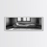 Minimalist Bedroom, Simple Living, Monochrome Bed, Peaceful Morning, Framed Canvas Print, Bedroom Wall Art, Moody Art, Farmhouse Art