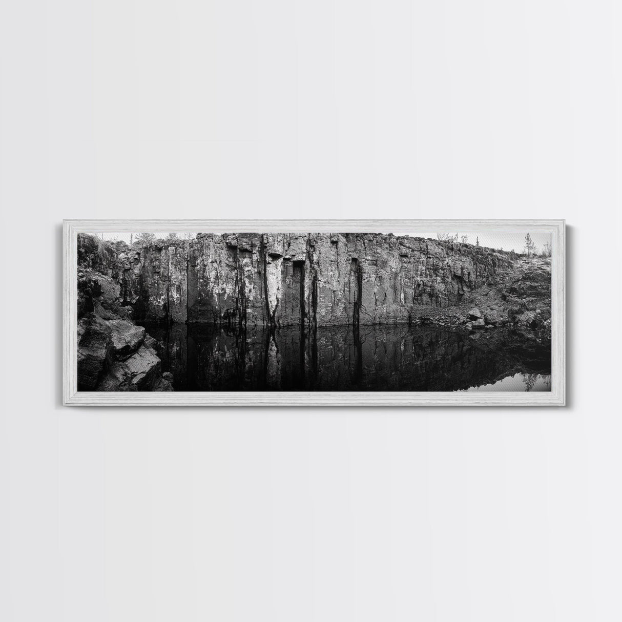 Quarry Wall, Rocky Cliff, Natural Reflection, Still Water, Framed Canvas Print, Industrial Wall Art, Man Cave Decor, Rustic Landscape Art