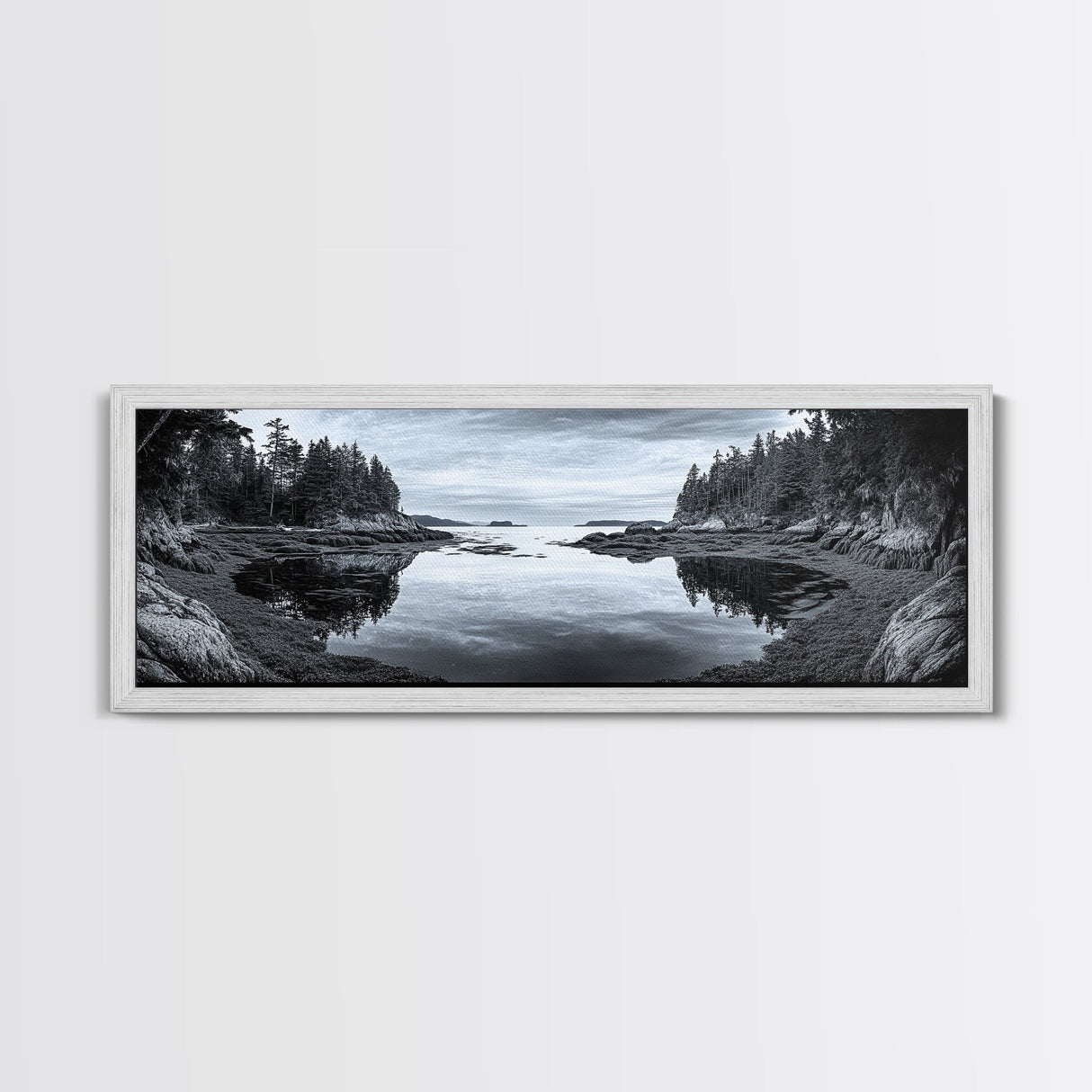 Forest Inlet, Calm Waters, Rocky Shore, Framed Canvas Print, Pacific Northwest Wall Art, Neutral Decor, Nature Photography, Rustic Vibes