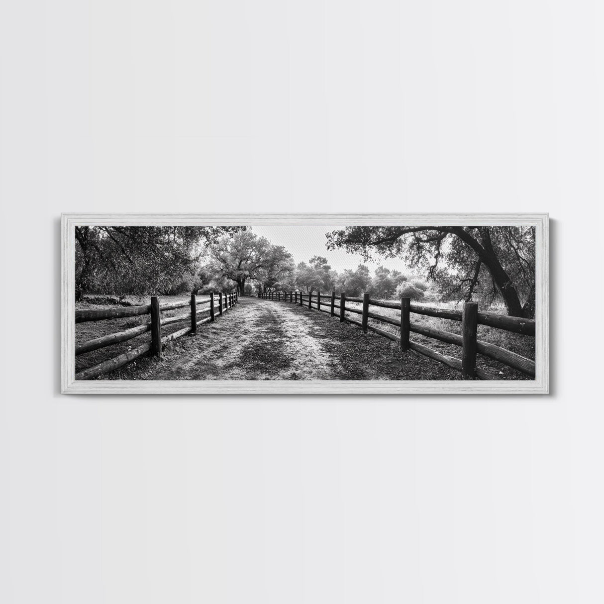 Tree Tunnel, Country Path, Fence Shadows, Framed Canvas Print, Black and White Nature Art, Rustic Wall Art, Autumn Entryway Decor
