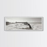 Revolver On Beach, Western Vibes, Americana Style, Framed Canvas Print, Man Cave Wall Art, Bold Statement Decor, Coastal Contrast