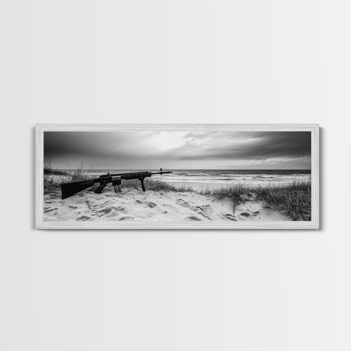 Rifle Seaside Scene, Tactical Still Life, Stormy Beach Mood, Canvas Print, Industrial Wall Art, Dramatic Photography, Masculine Decor