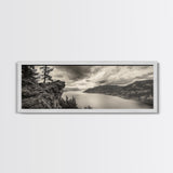 River Cliff View, Forested Mountains, Timeless Horizon, Framed Canvas Print, Living Room Wall Art, Cabin Rustic Decor, Moody Nature Art