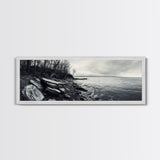 Misty Coast, Rocky Shore, Moody Seascape, Framed Canvas Print, Coastal Wall Art, Nature Photography, Rustic Bedroom Decor, Cabin Style