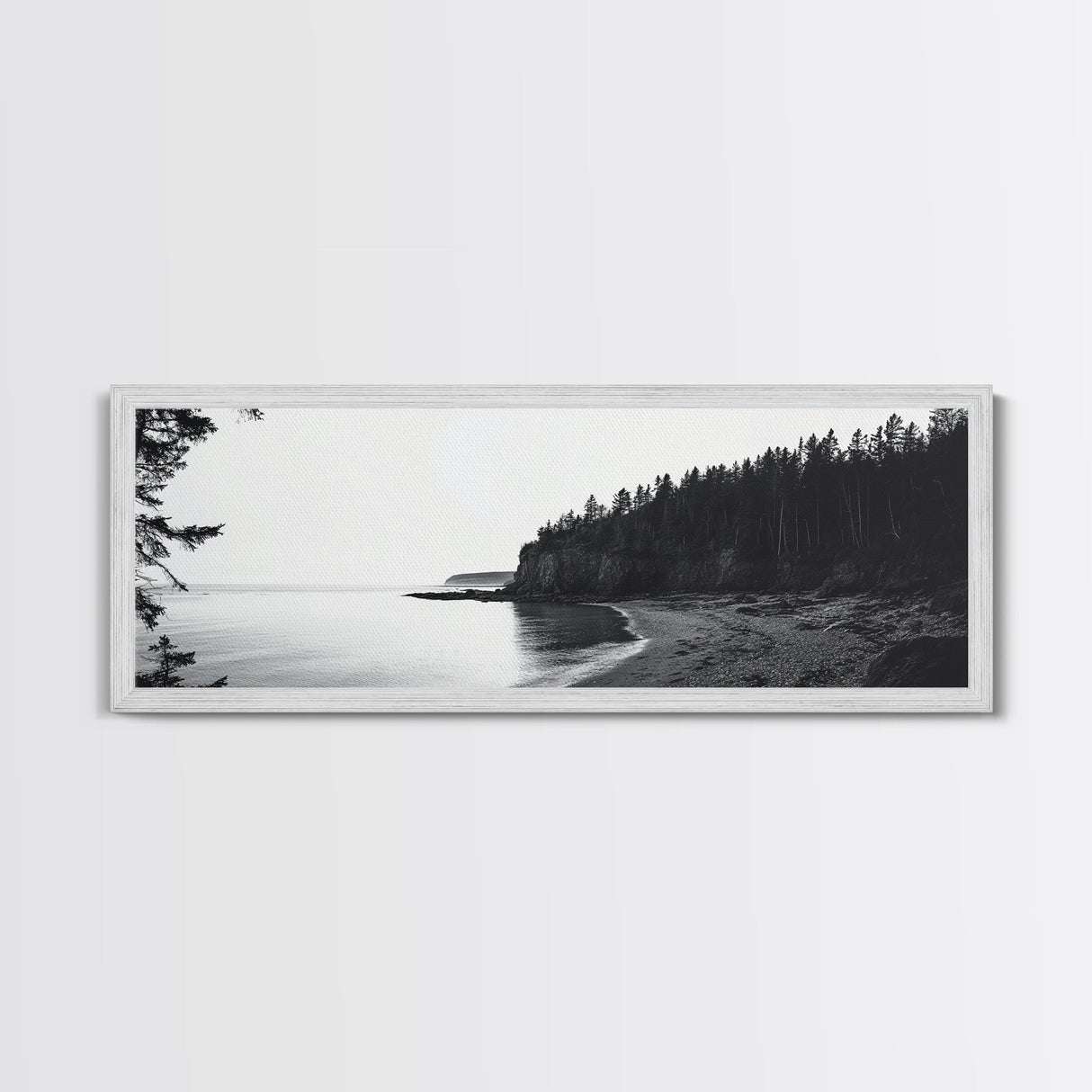 Forest Cliffs, Quiet Bay, Monochrome Coast, Canvas Print, Nature Photography, Modern Rustic Wall Art, Entryway or Office Decor