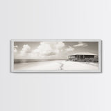 Beach House, Secluded Shore, Calm Waters, Framed Canvas Print, Coastal Wall Art, Minimalist Living Room Decor, Vacation Vibes