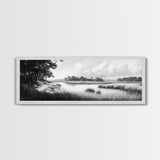 Marsh Scene, Grassy Shore, Tree Lined Path, Canvas Print, Nature Landscape Art, Rustic Cabin Decor, Peaceful Living Room Style