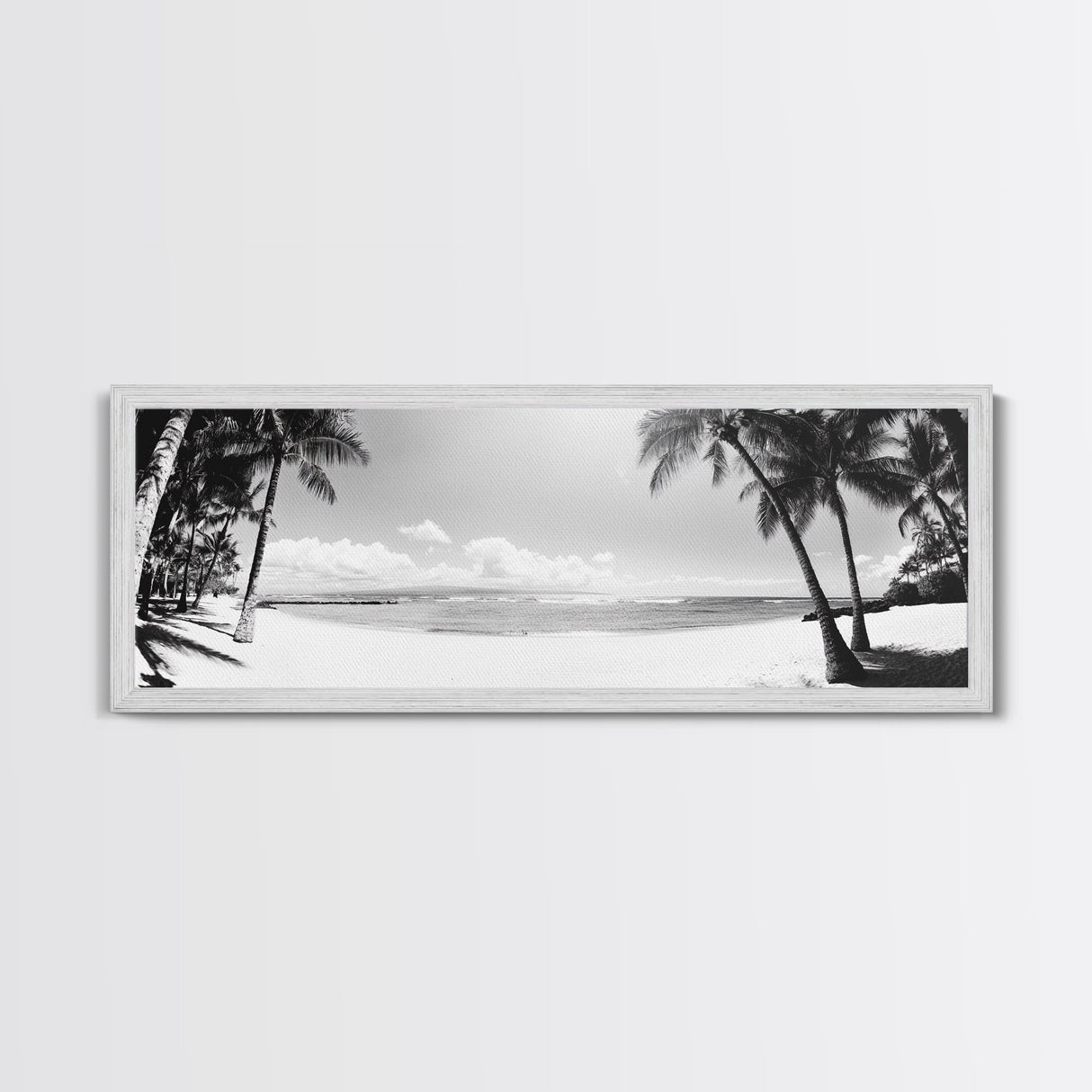 Tropical Beach Scene, Palm Tree Horizon, Ocean Serenity, Island Life, Framed Canvas Print, Coastal Wall Art, Living Room Decor, Minimalist Vibe