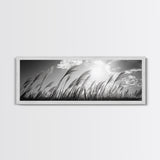 Windy Grass Field, Sunlit Sky, Nature Movement, Prairie Glow, Framed Canvas Print, Fall Wall Art, Living Room Decor, Boho Rustic Aesthetic