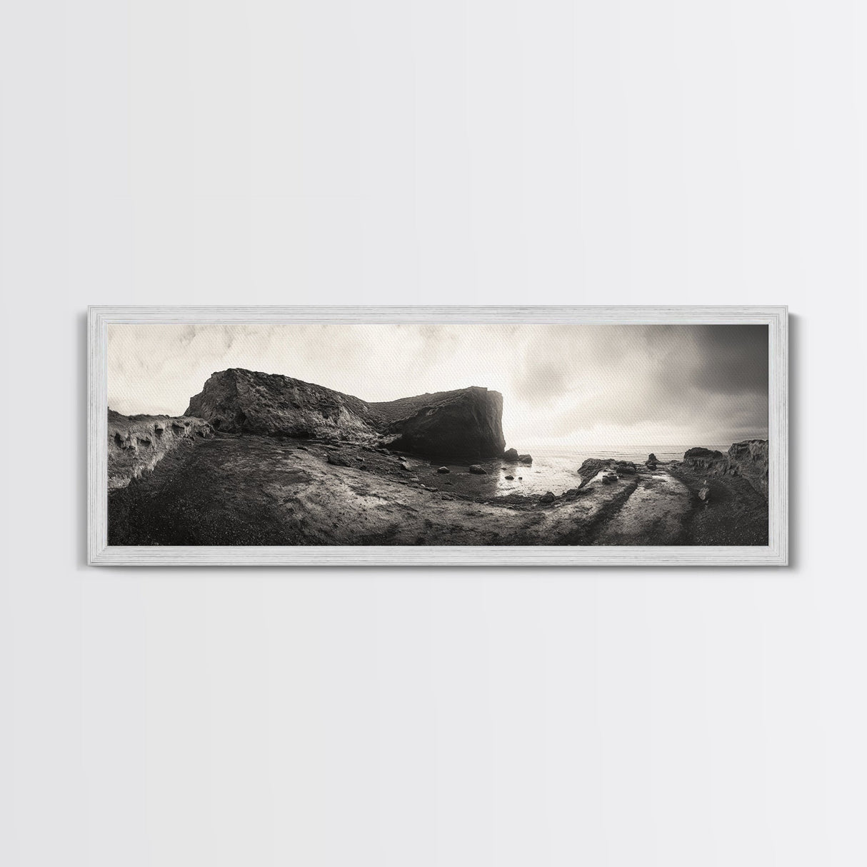 Rocky Coastal Path, Ocean Horizon View, Canvas Print, Neutral Earth Tones, Rustic Wall Art, Beach Landscape Photography, Grunge Nautical Art