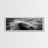 Crashing Waves Rock, Coastal Seascape, Ocean Photography, Black White Art, Framed Canvas Print, Nautical Bathroom Wall Decor