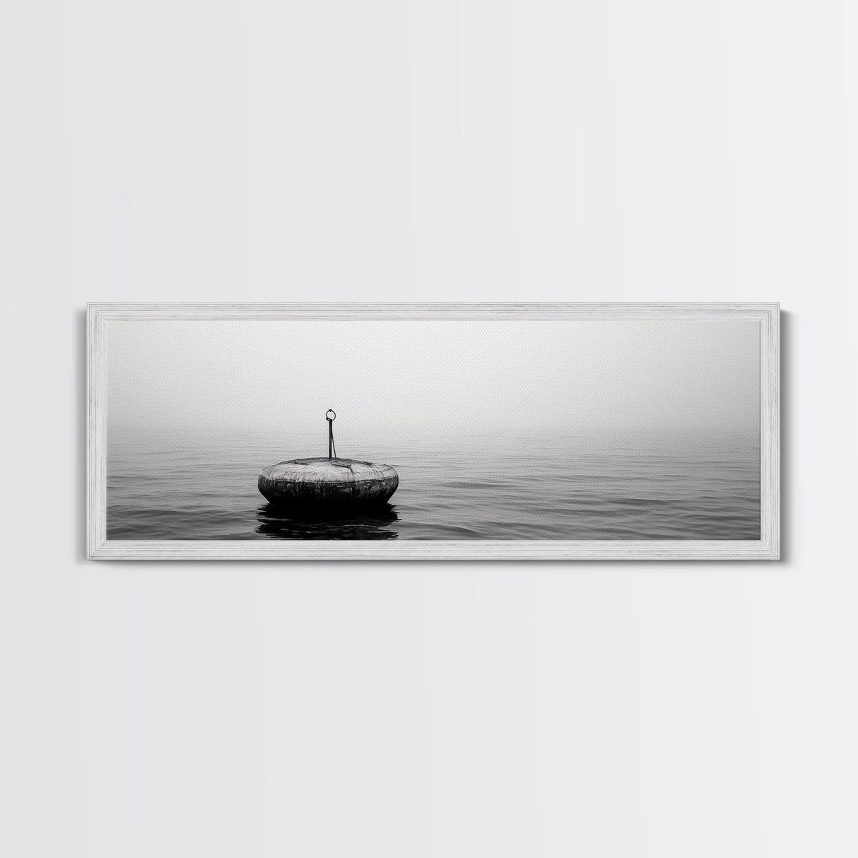 Solitary Sea Buoy, Calm Ocean View, Black White Minimalist, Nautical Canvas Print, Peaceful Coastal Wall Art, Bedroom Decor