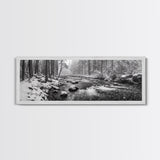 River Stream, Snow Forest, Winter Tranquility, Canvas Print, cozy cabin art, hygge home decor, Christmas wall art, woodland minimalist art