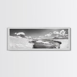Arctic Stream, Mountain Snow, Clear Sky, Framed Canvas Print, Scandinavian decor, nature wall art, winter bedroom print, cool color tones