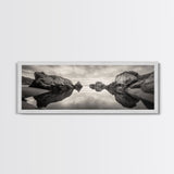 Rock Reflection, Coastal Tranquility, Nature Mirror, Framed Canvas Print, black and white coastal art, zen bathroom decor, moody ocean wall art