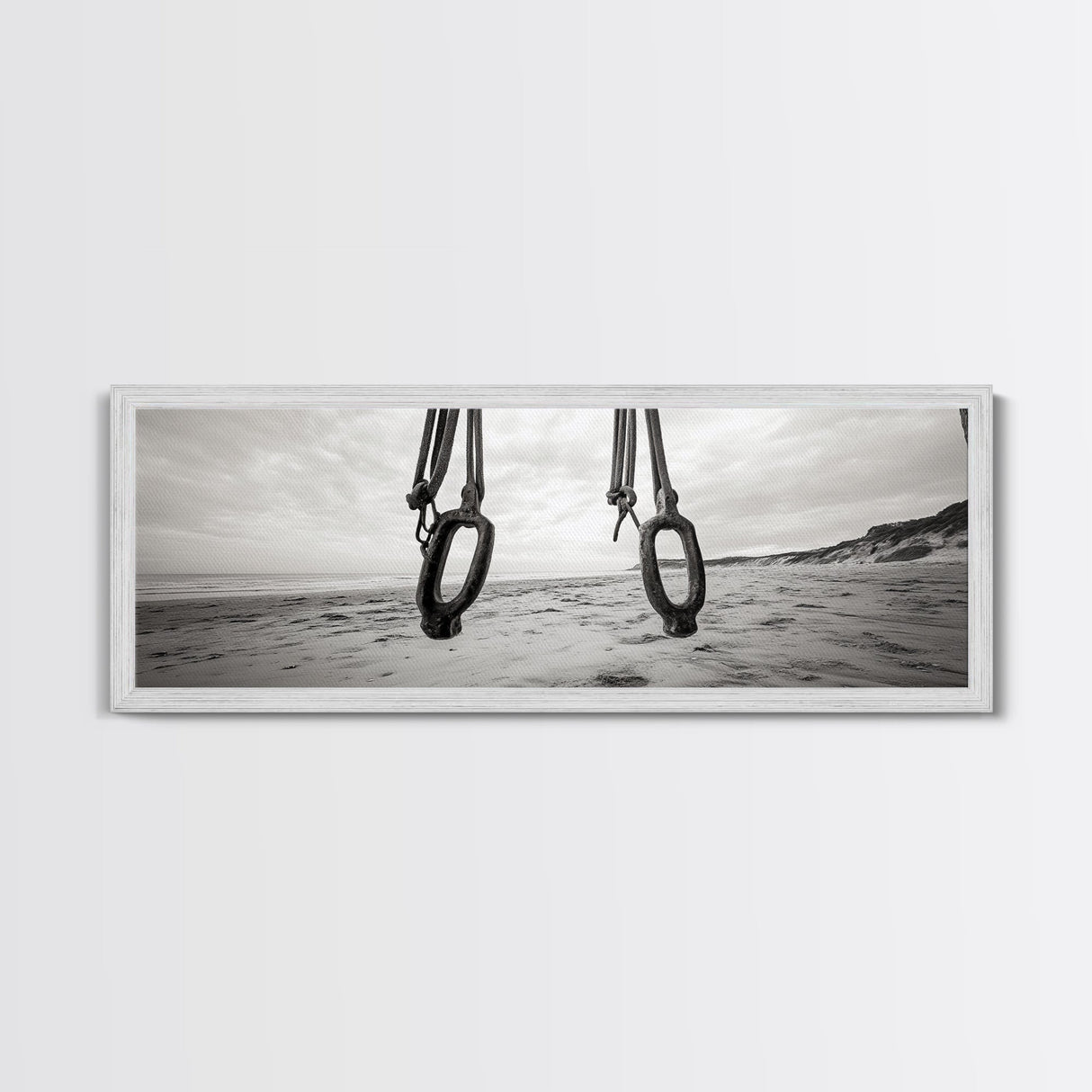 Nautical Swing, Beach Ropes, Seaside Minimalism, Canvas Print, black and white beach decor, coastal hallway wall art, maritime rustic style