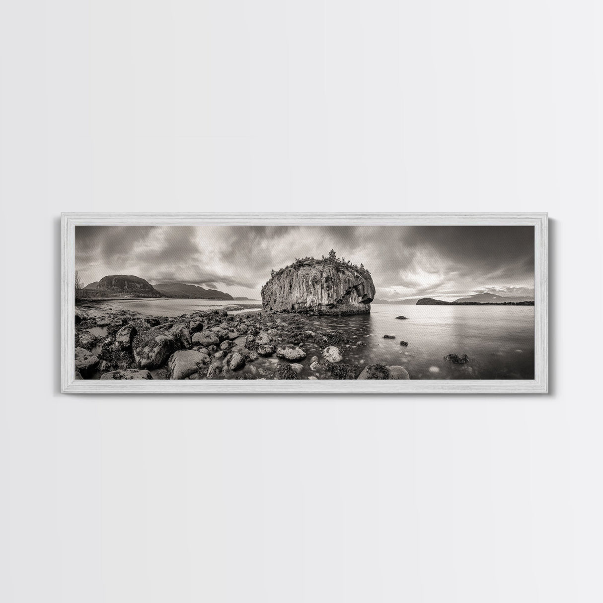 Island Shoreline, Rocky Coast View, Monochrome Nature, Framed Canvas Print, coastal kitchen decor, moody mountain beach wall art