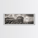 Island Shoreline, Rocky Coast View, Monochrome Nature, Framed Canvas Print, coastal kitchen decor, moody mountain beach wall art