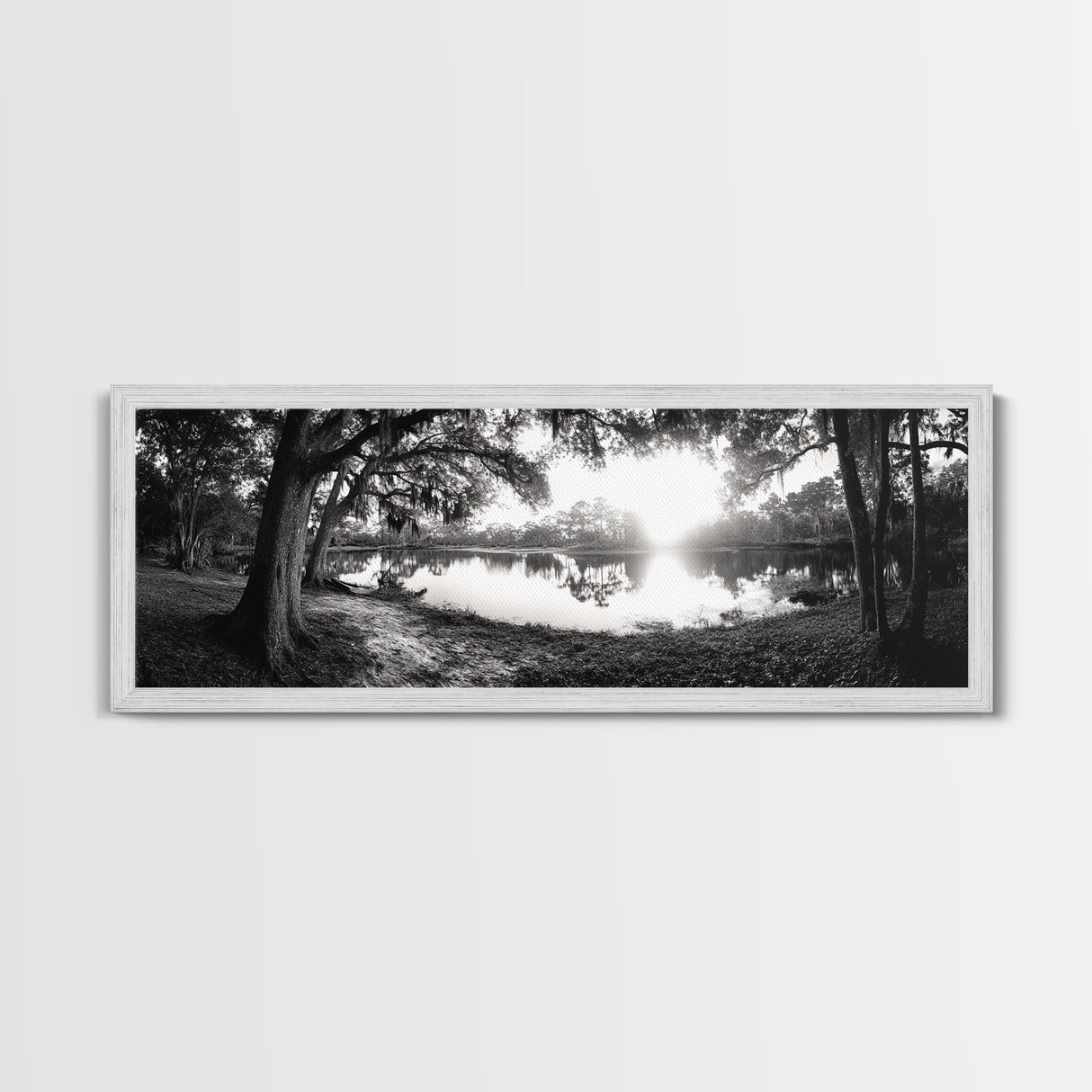 River Sunset, Mossy Trees, Tranquil Reflection, Framed Canvas Print, southern forest wall art, peaceful living room decor, rustic boho vibe