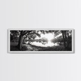 River Sunset, Mossy Trees, Tranquil Reflection, Framed Canvas Print, southern forest wall art, peaceful living room decor, rustic boho vibe