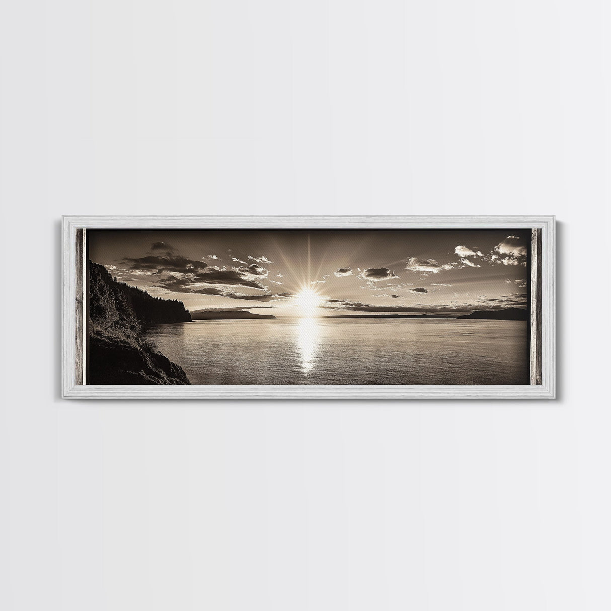Sepia Horizon, Sunset Lake, Nature Tranquility, Canvas Print, cabin wall decor, warm autumn lake art, peaceful sepia photography