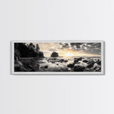 Sunset Shoreline, Moody Rocks, Forested Coast, Framed Canvas Print, nature lover gift, fall coastal art, rustic bathroom wall decor