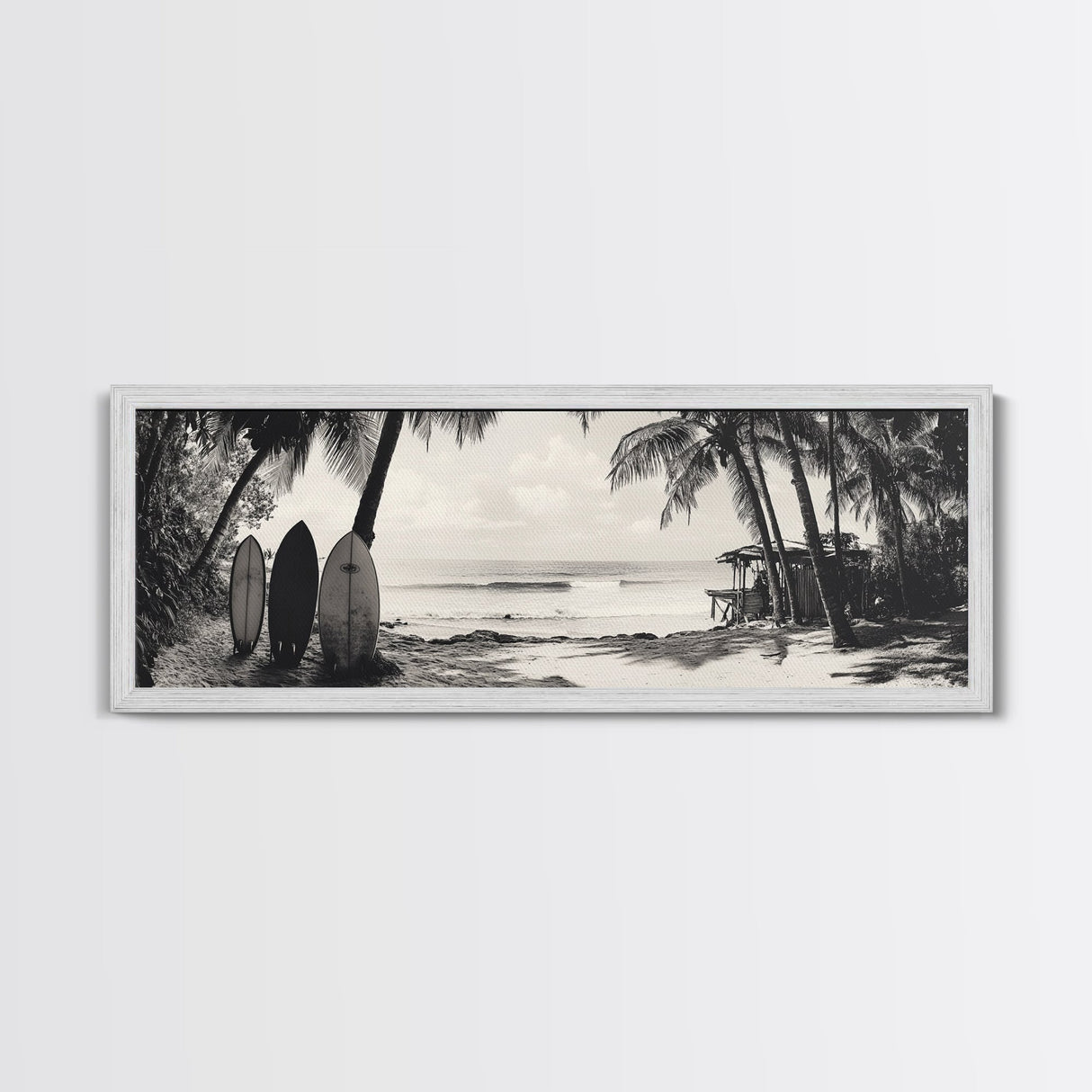 Surf Shack, Palm Trees, Tropical Boards, Canvas Print, retro beach wall art, coastal boho room decor, surfer cabin vibe, chill summer look