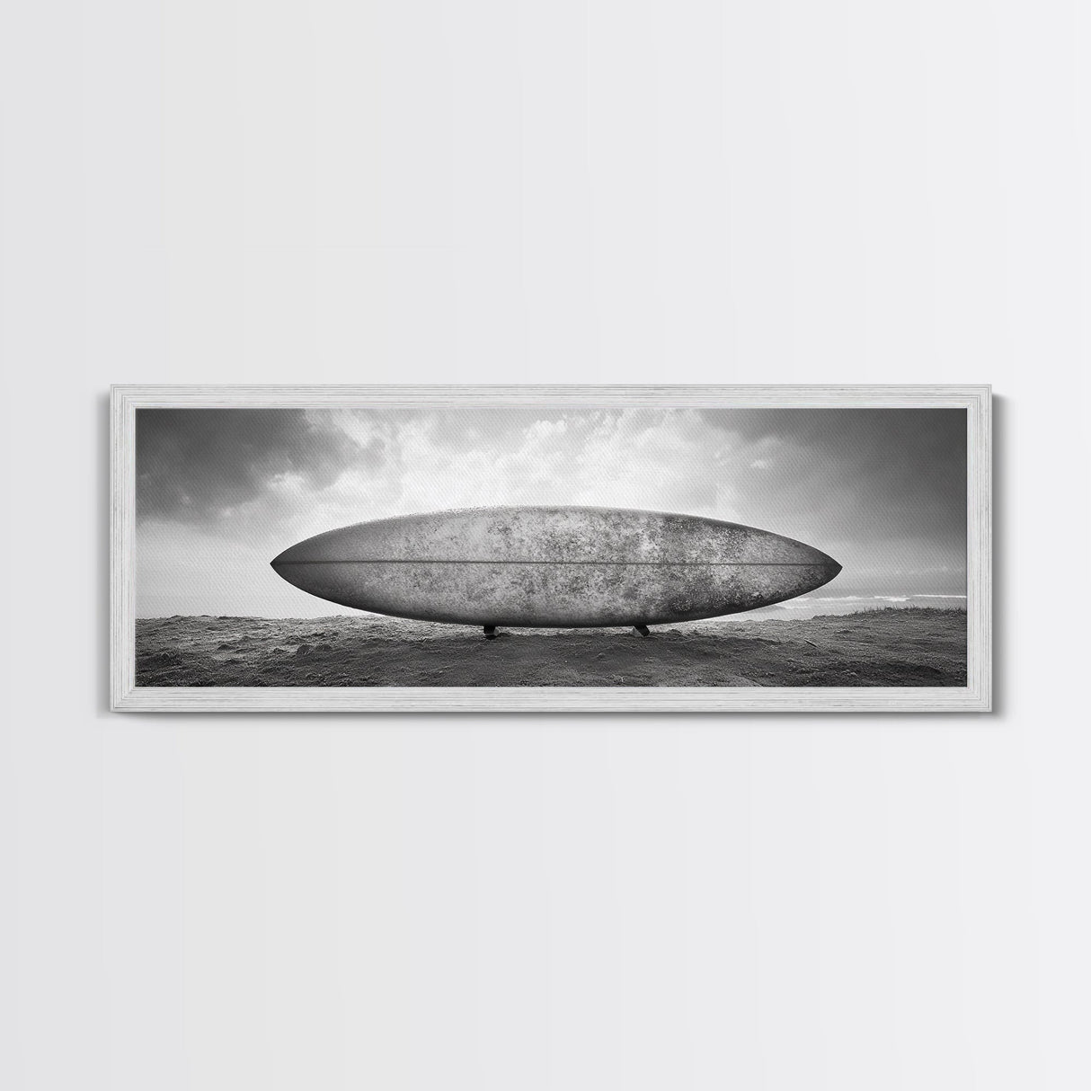 Surfboard Alone, Beach Sand, Cloudy Sky, Framed Canvas Print, minimalist surf art, coastal man cave decor, surf lover gift idea