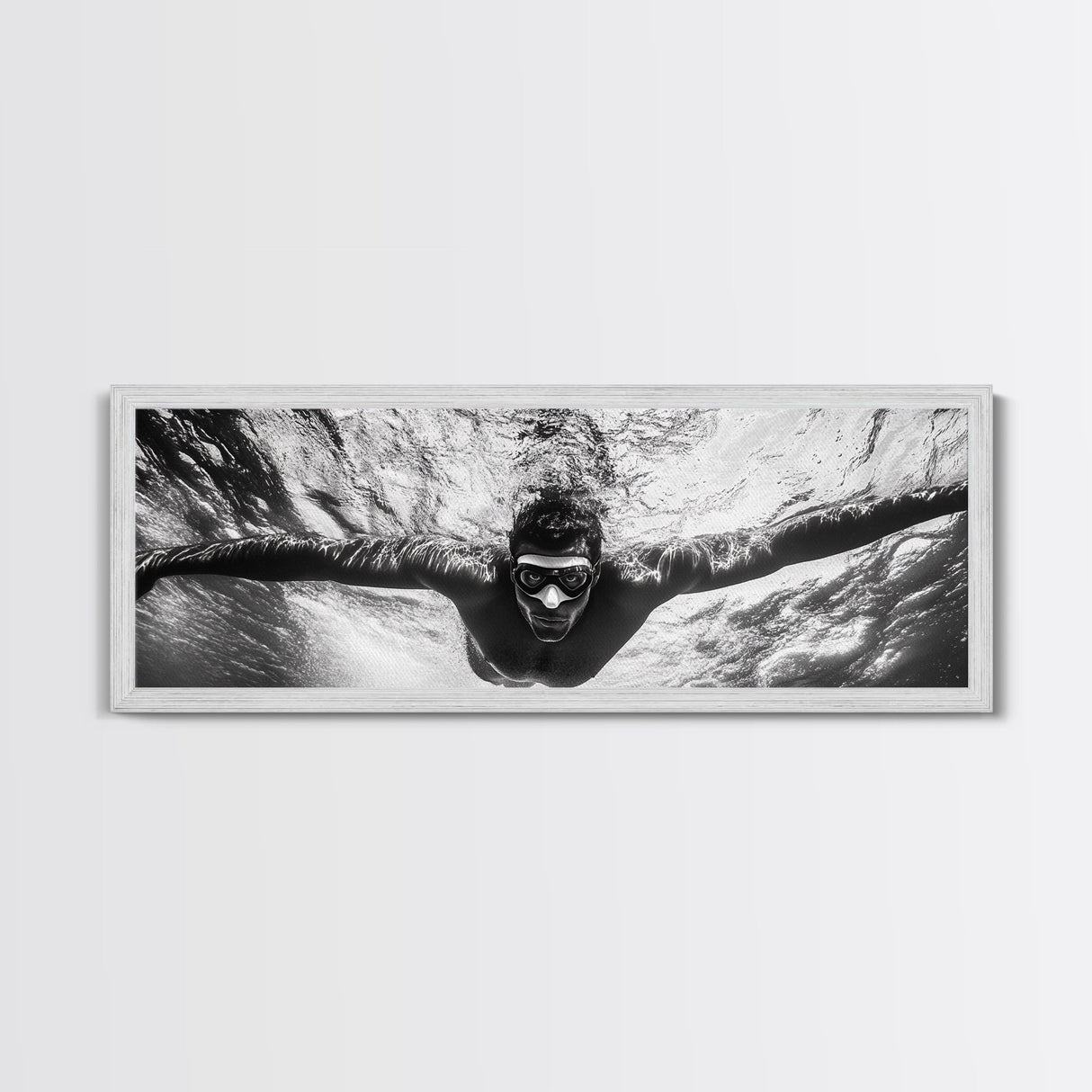 Underwater Swim, Black White Diver, Ocean Exploration, Canvas Print, modern bathroom wall art, sporty fitness vibe, minimalist ocean style