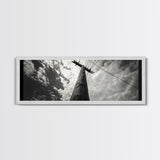 Utility Pole Sky, Urban Minimalism, Power Lines, Framed Canvas Print, Industrial Wall Art, Office Decor, Monochrome Photography